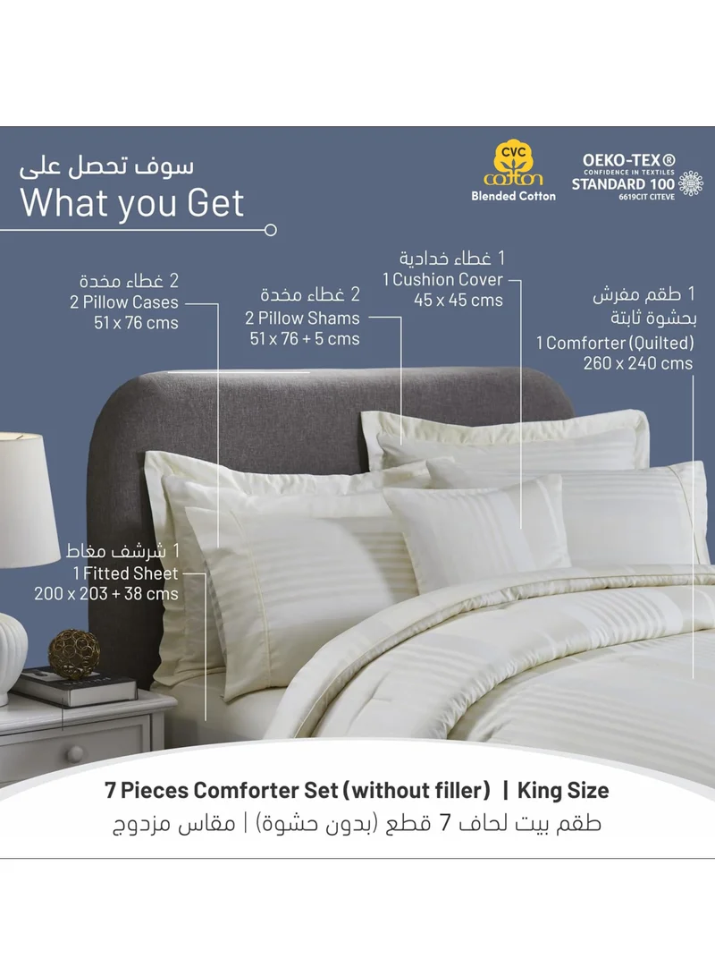 Donetella Comforter Set 7-Pieces Double Size Hotel Style All Season Cotton Blend Stripe Pattern Bedding Set With  Down Alternative Filling, Ivory