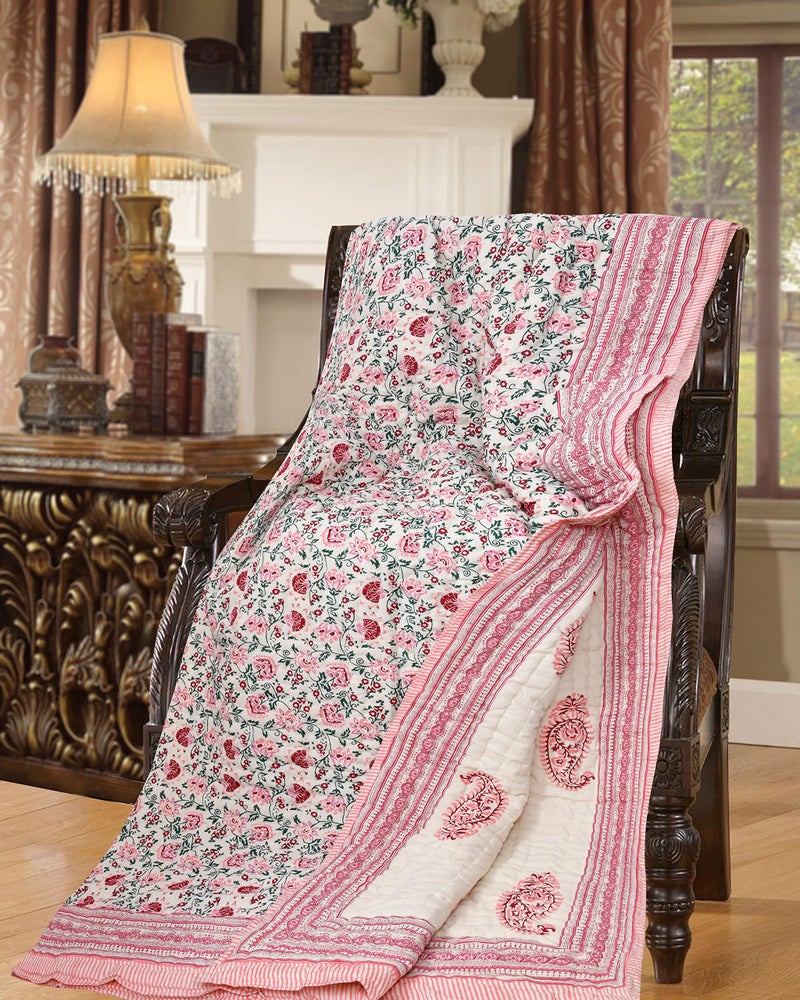 BLOCKS OF INDIA Hand Block Printed Cotton King Size Quilt/Rajai (90 Inch X 108 Inch) (Pink Jaal) (Reversible, Breathable),300 TC - Image 3