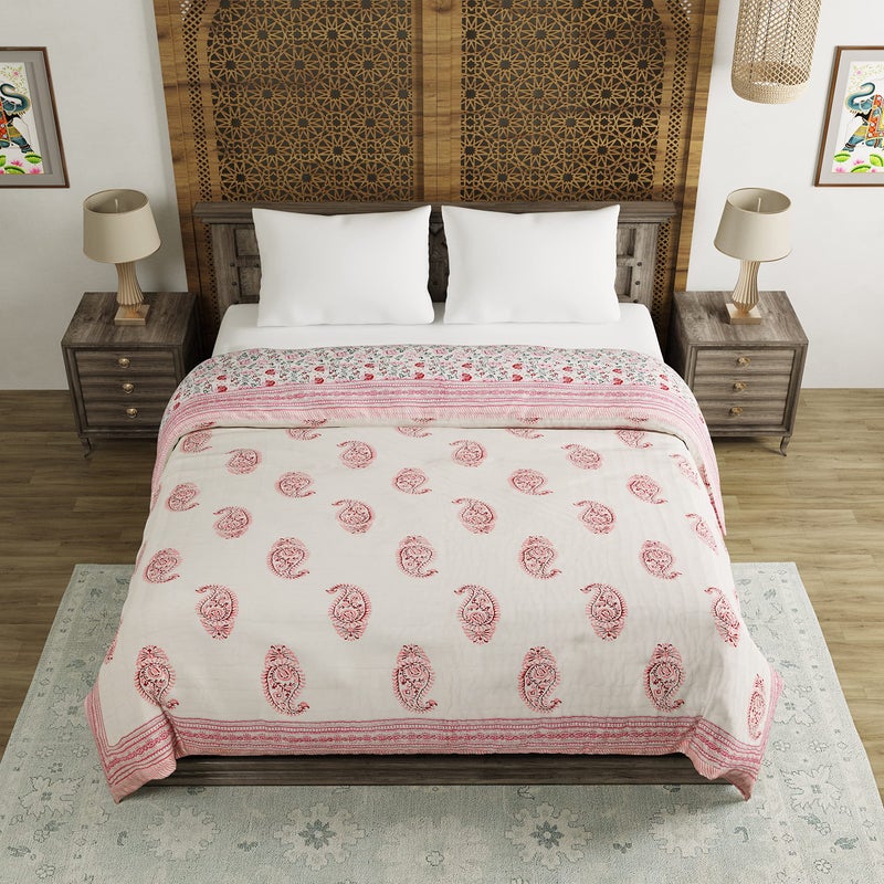 BLOCKS OF INDIA Hand Block Printed Cotton King Size Quilt/Rajai (90 Inch X 108 Inch) (Pink Jaal) (Reversible, Breathable),300 TC - Image 2