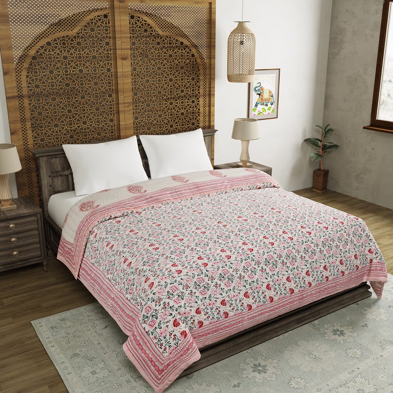 BLOCKS OF INDIA Hand Block Printed Cotton King Size Quilt/Rajai (90 Inch X 108 Inch) (Pink Jaal) (Reversible, Breathable),300 TC - Image 1