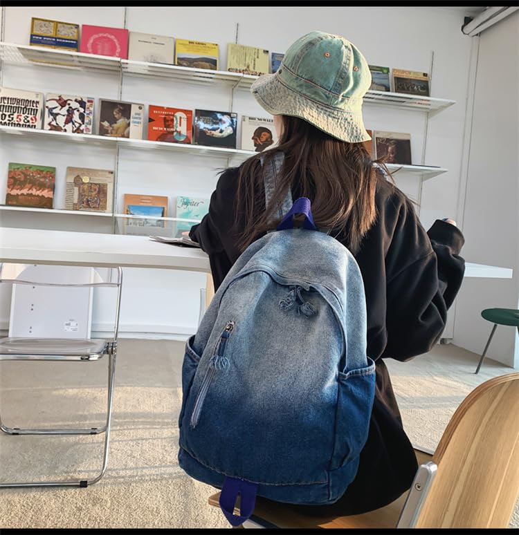 TYHOTULY Gradient Denim Backpack Y2K Aesthetic Lightweight Laptop Backpack Classic Retro Jeans Backpack Casual Travel Daypack (a Blue) - Image 4