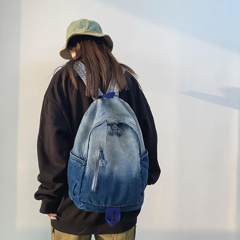 TYHOTULY Gradient Denim Backpack Y2K Aesthetic Lightweight Laptop Backpack Classic Retro Jeans Backpack Casual Travel Daypack (a Blue) - Image 2