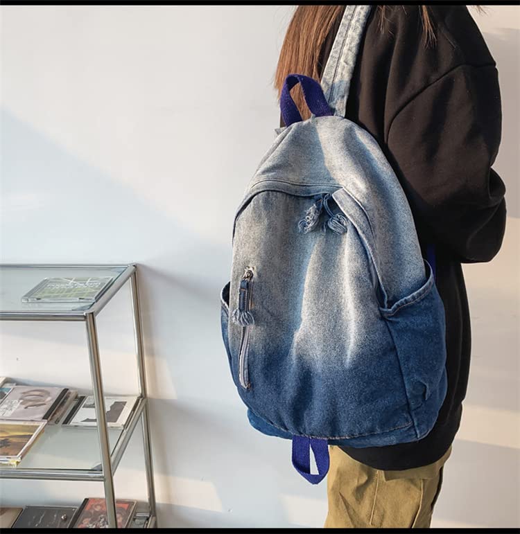 TYHOTULY Gradient Denim Backpack Y2K Aesthetic Lightweight Laptop Backpack Classic Retro Jeans Backpack Casual Travel Daypack (a Blue) - Image 3