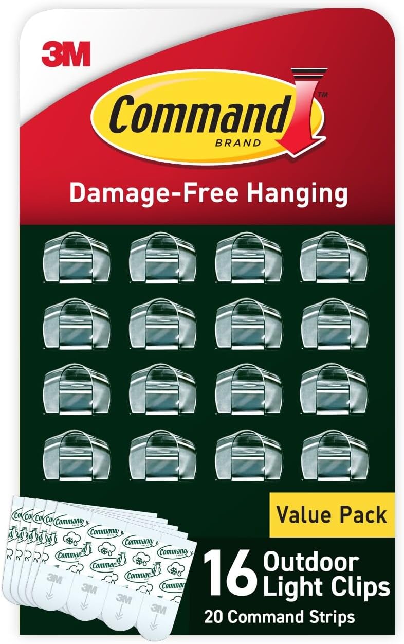 Command Outdoor Light Clips, 4 Pack of 16 Clear Clips and 20 Strips, Damage Free Hanging Light Clips with Adhesive Strips, Wall Clips for Hanging Outdoor Lights and Cables Outside - Image 1