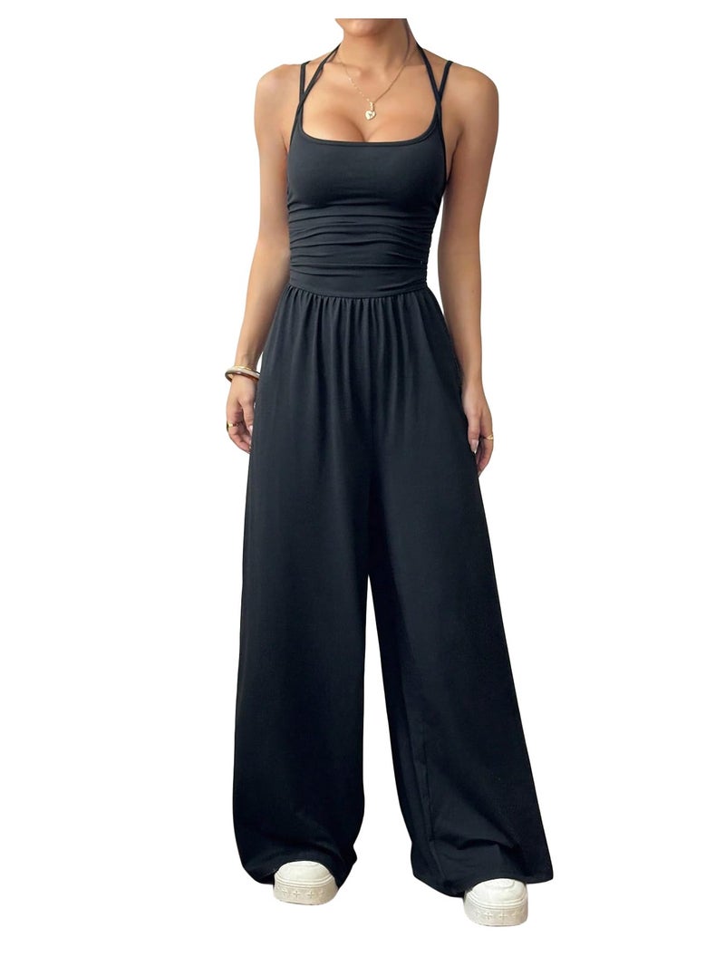 Floerns Women's Summer Jumpsuit Spaghetti Strap One Piece Outfit Wide Leg Baggy Pants Romper Black Tall Tall-M - Image 1