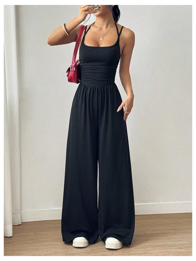 Floerns Women's Summer Jumpsuit Spaghetti Strap One Piece Outfit Wide Leg Baggy Pants Romper Black Tall Tall-M - Image 3
