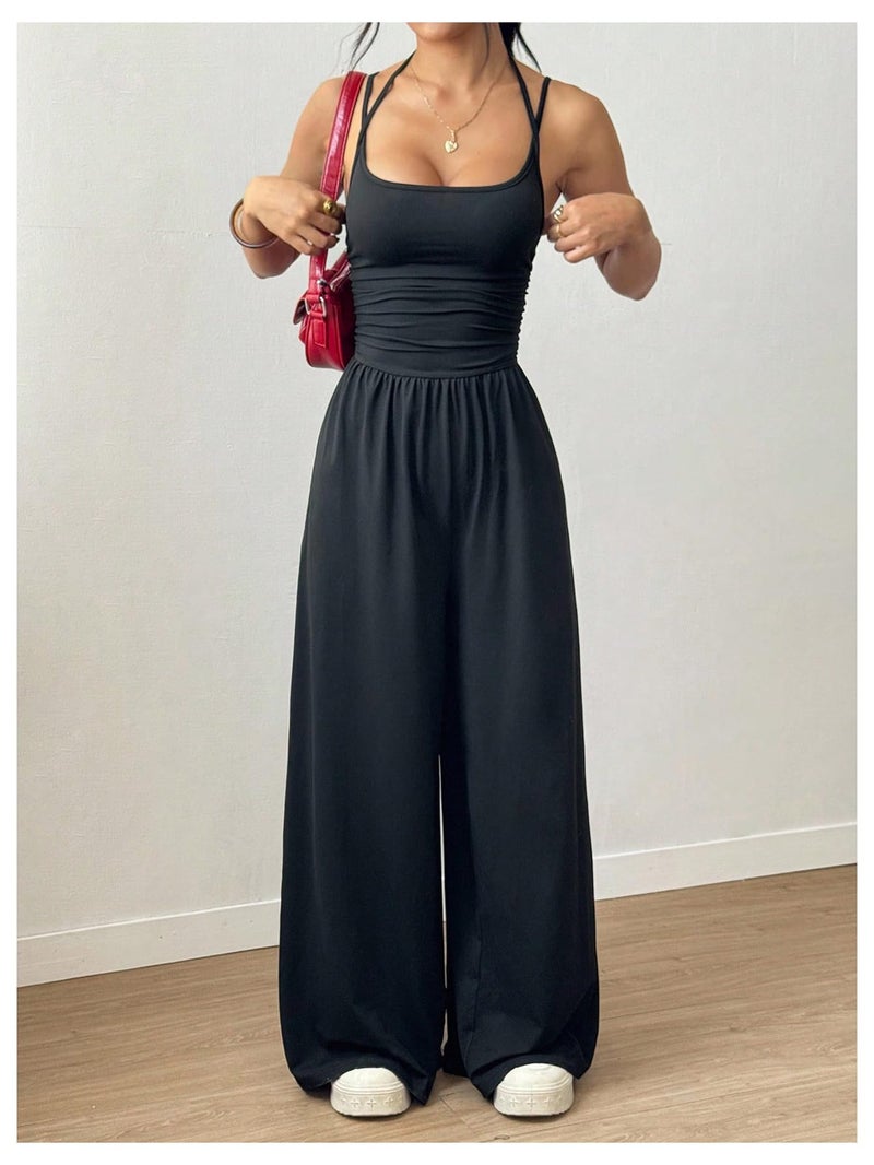 Floerns Women's Summer Jumpsuit Spaghetti Strap One Piece Outfit Wide Leg Baggy Pants Romper Black Tall Tall-M - Image 5