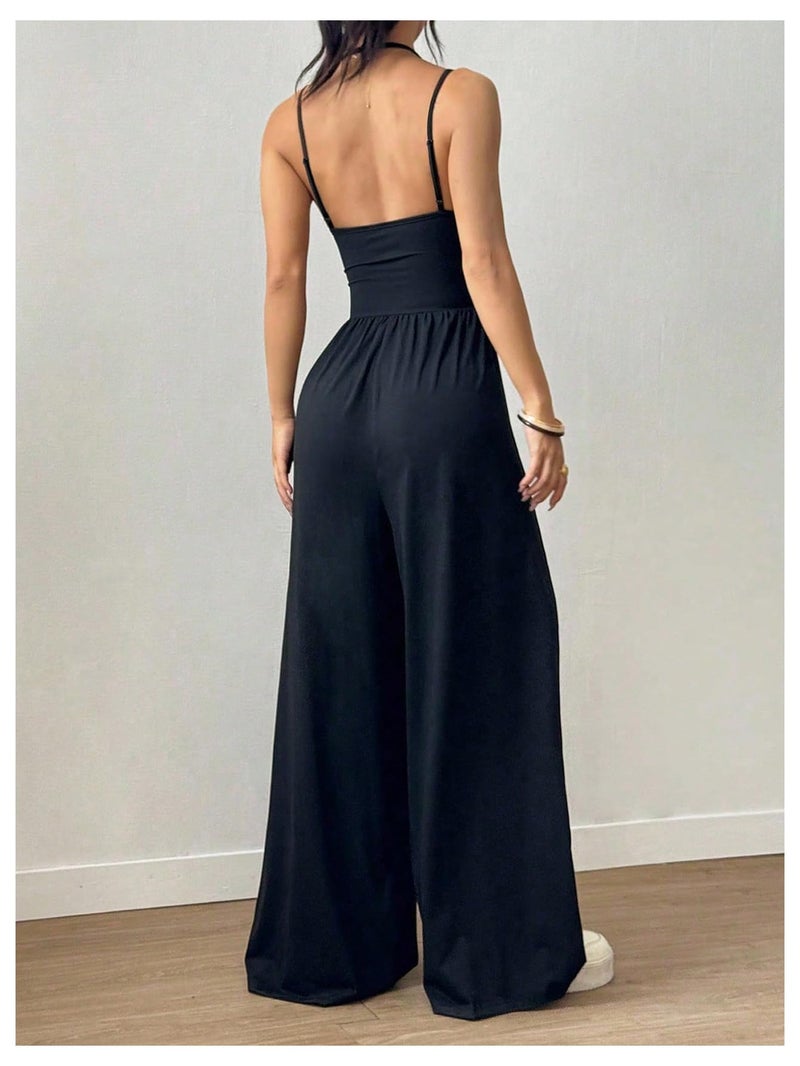 Floerns Women's Summer Jumpsuit Spaghetti Strap One Piece Outfit Wide Leg Baggy Pants Romper Black Tall Tall-M - Image 2