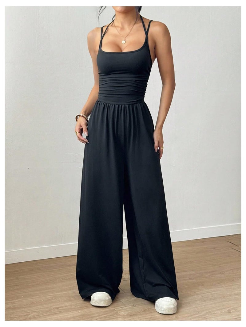 Floerns Women's Summer Jumpsuit Spaghetti Strap One Piece Outfit Wide Leg Baggy Pants Romper Black Tall Tall-M - Image 4