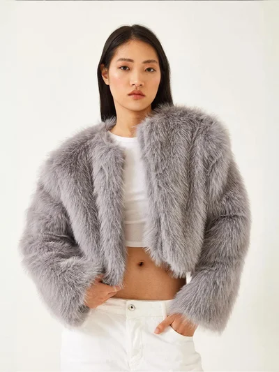 Bianco Lucci LUCCI Boxy Crop Faux Fur Coat