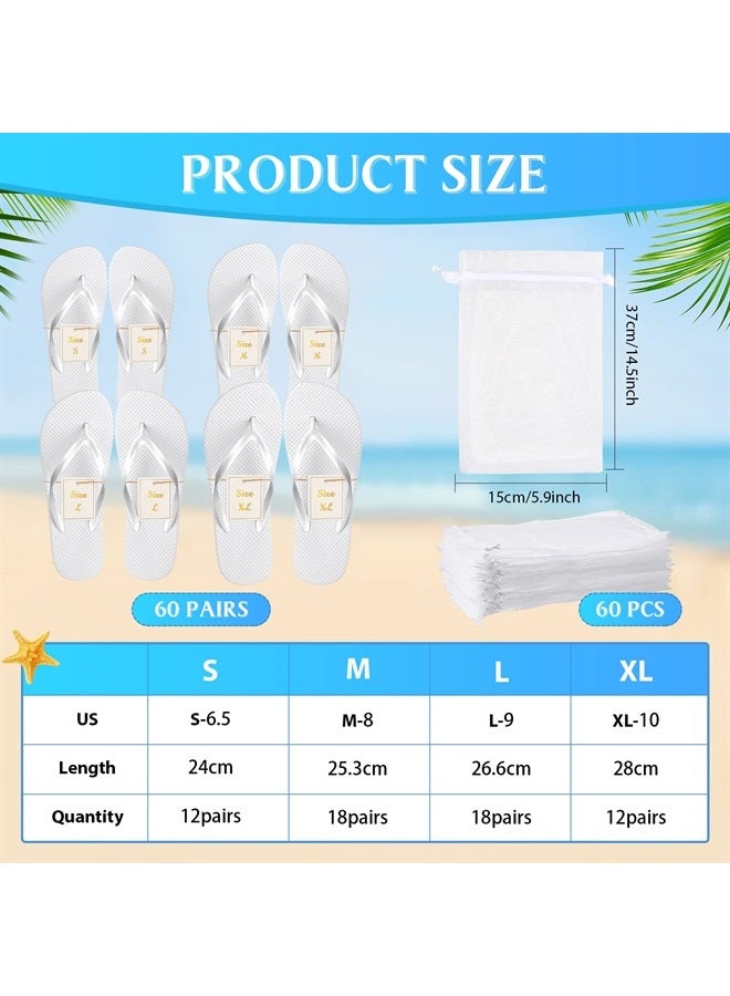 Bonuci 60 Pairs Flip Flops Bulk for Wedding Guest Slippers Hotel Guest Spa Slippers Wedding Party Favors Flip Flops with Size Cards Drawstring Bags for Wedding Pool Party (White) - Image 3