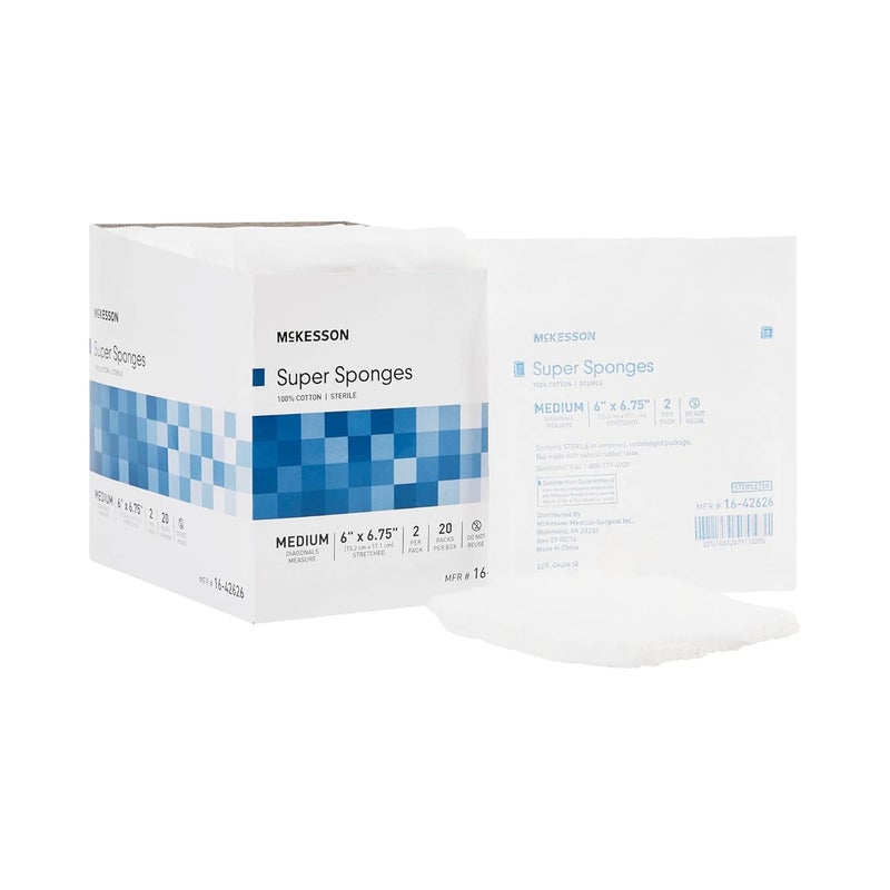 McKesson Super Sponges Sterile 100 Cotton Fluff Dressing 6 in x 6 34 in 2 per Pack 20 Packs 40 Total - Image 1