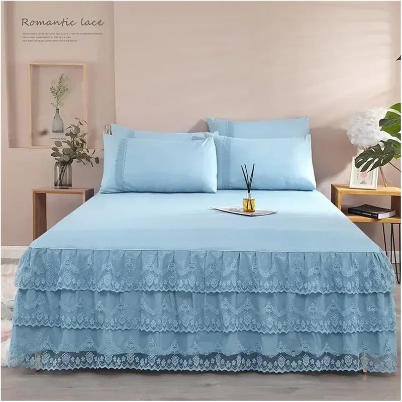 Ruffle Bed Skirt 3 Layers Bed Skirt Lace Ruffled Elegant and Comfortable Includes Pillowcase Bedding Home Decoration(Blue,1pc 200cmx220cm) - Image 1