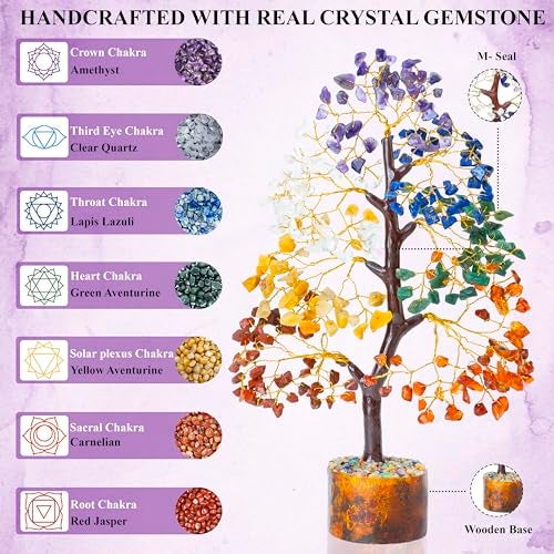 HindCraft Home Decor Seven Chakra Crystal Tree Gemstone Bonsai Money Healing Stone Tree of Life Showpiece Good Luck Feng Shui for Office Decor Spiritual Gift 8-10 Inch, 200 Beads - Image 2