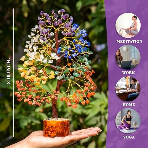 HindCraft Home Decor Seven Chakra Crystal Tree Gemstone Bonsai Money Healing Stone Tree of Life Showpiece Good Luck Feng Shui for Office Decor Spiritual Gift 8-10 Inch, 200 Beads - Image 4