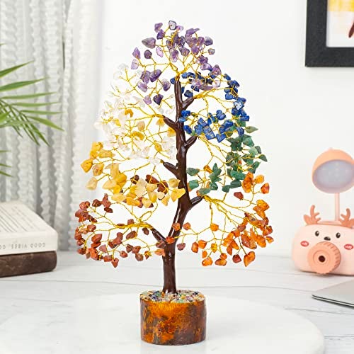 HindCraft Home Decor Seven Chakra Crystal Tree Gemstone Bonsai Money Healing Stone Tree of Life Showpiece Good Luck Feng Shui for Office Decor Spiritual Gift 8-10 Inch, 200 Beads - Image 3