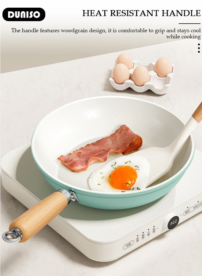 DUNISO مقلاة سيراميك خفيفة الوزن، 24 سم، صحية وغير سامة، غير لاصقة مع مقبض مقاوم للحرارة وغطاء زجاجي سميك، مقلاة أومليت قابلة للغسل ومقاومة للاهتراء ودرجات الحرارة العالية، متوافقة مع جميع أنواع المواقد، مثالية للقلي والطهي والتشويح. - Image 3