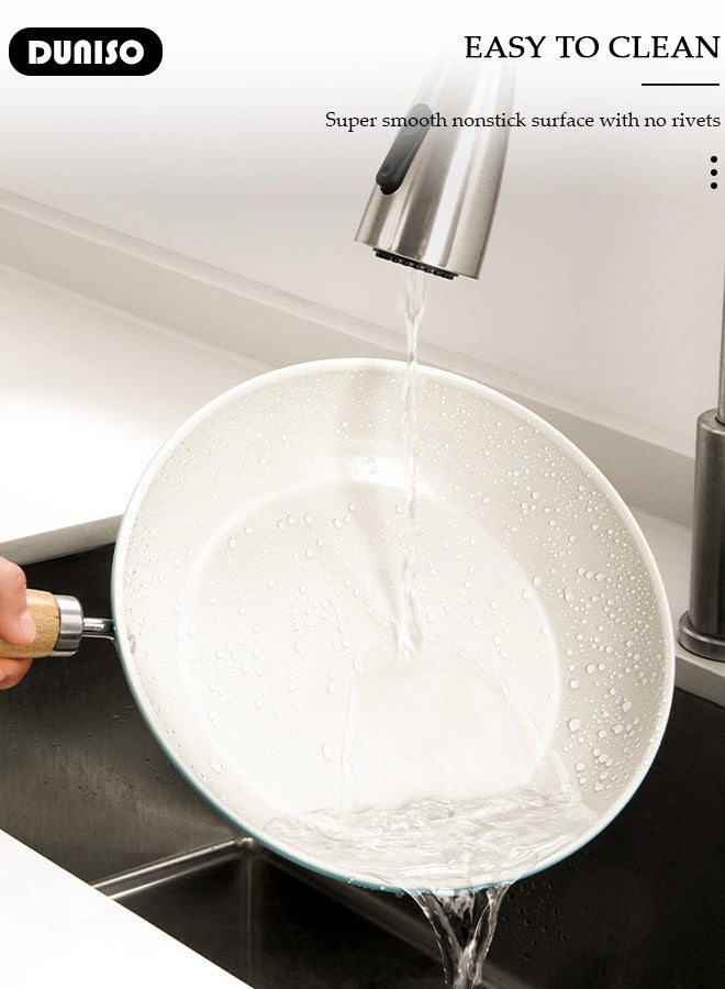 DUNISO مقلاة سيراميك خفيفة الوزن، 24 سم، صحية وغير سامة، غير لاصقة مع مقبض مقاوم للحرارة وغطاء زجاجي سميك، مقلاة أومليت قابلة للغسل ومقاومة للاهتراء ودرجات الحرارة العالية، متوافقة مع جميع أنواع المواقد، مثالية للقلي والطهي والتشويح. - Image 5