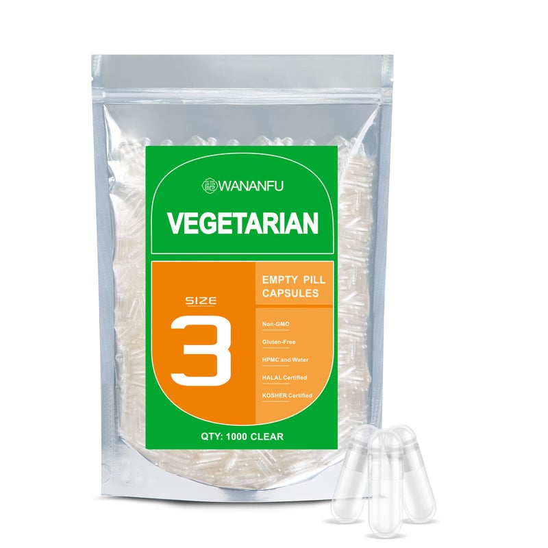 wananfu Size 3 Empty Capsules Vegetarian 1000 Count Clear Fillable Veggie Pill Capsules Size 3 for Making Your Own Supplements