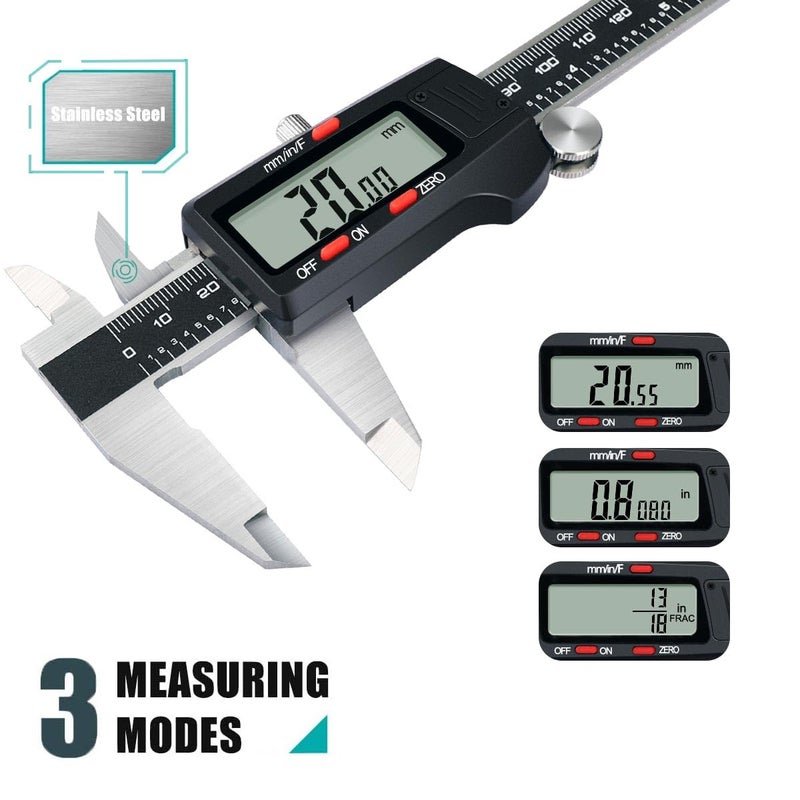 Kynup Digital Vernier Caliper, Caliper Measuring Tool, Outside Micrometer Dial Caliper with Stainless Steel, Large LCD Screen, Auto - Off Feature, Inch Metric Fraction Conversion (6Inch/150mm) - Image 4