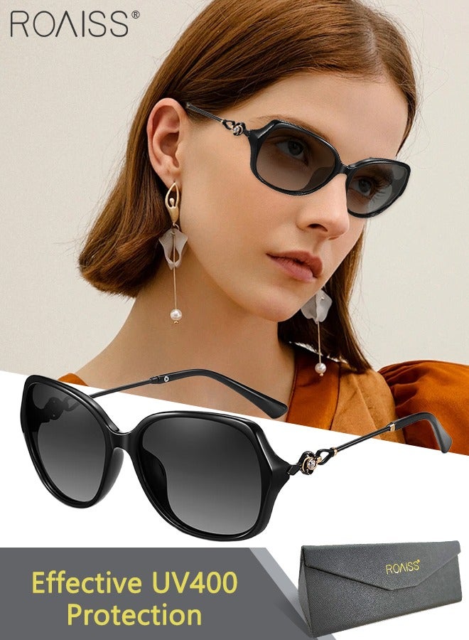 رويس نظارة شمسية نسائية مستقطبة بتصميم فراشة، حماية من الأشعة فوق البنفسجية 400، مع أذرع أنيقة، نظارات شمسية أنيقة مضادة للتوهج للنساء مع حافظة للنظارات، مقاس 56 مم، لون أسود - Image 1