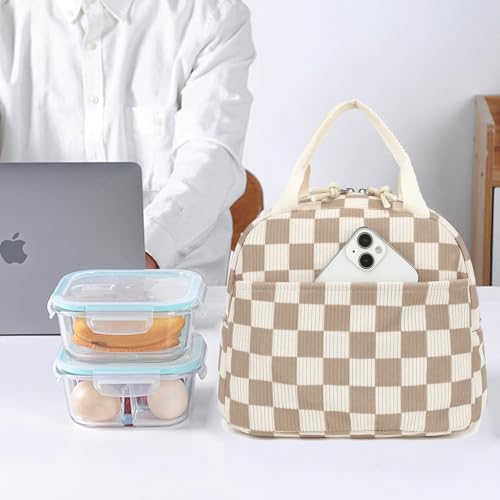 Dezcrab Corduroy Lunch Box for Women Girls Cooler Lunch Bags Reusable Insulated Lunchbox for Picnic School Work Travel Checkered Brown - Image 3