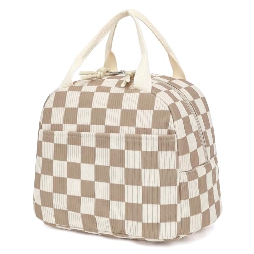 Dezcrab Corduroy Lunch Box for Women Girls Cooler Lunch Bags Reusable Insulated Lunchbox for Picnic School Work Travel Checkered Brown - Image 1