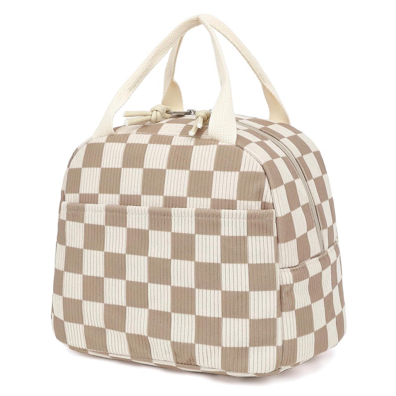 Dezcrab Corduroy Lunch Box for Women Girls Cooler Lunch Bags Reusable Insulated Lunchbox for Picnic School Work Travel Checkered Brown - Image 2