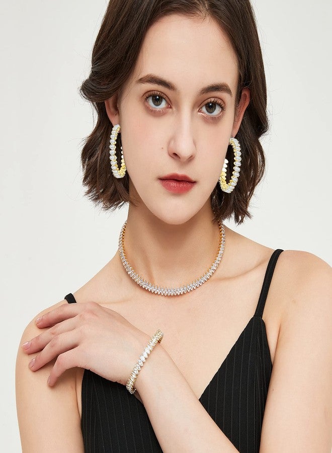 AILife Cubic Zirconia Hoop Earrings for Women and Men, Yellow Gold Plated Sparkling Rhinestone Luxury CZ Large Cuff Earrings 40mm (40.00, Almond Cubic Zirconia Earrings) - Image 3