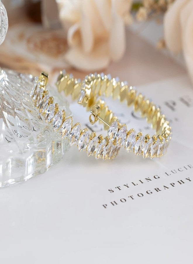 AILife Cubic Zirconia Hoop Earrings for Women and Men, Yellow Gold Plated Sparkling Rhinestone Luxury CZ Large Cuff Earrings 40mm (40.00, Almond Cubic Zirconia Earrings) - Image 2