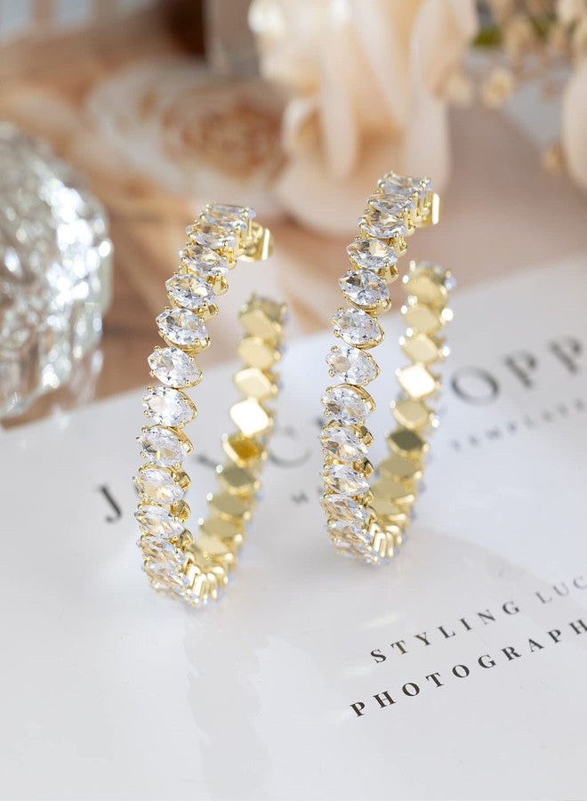 AILife Cubic Zirconia Hoop Earrings for Women and Men, Yellow Gold Plated Sparkling Rhinestone Luxury CZ Large Cuff Earrings 40mm (40.00, Almond Cubic Zirconia Earrings) - Image 5