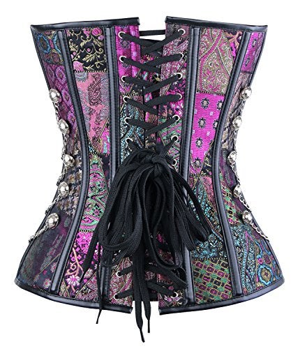 Charmian Women's Steampunk Gothic Spiral Steel Boned Brocade Waist Cincher Overbust Corset with Chains Purple Large - Image 4
