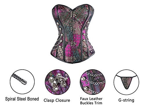 Charmian Women's Steampunk Gothic Spiral Steel Boned Brocade Waist Cincher Overbust Corset with Chains Purple Large - Image 5