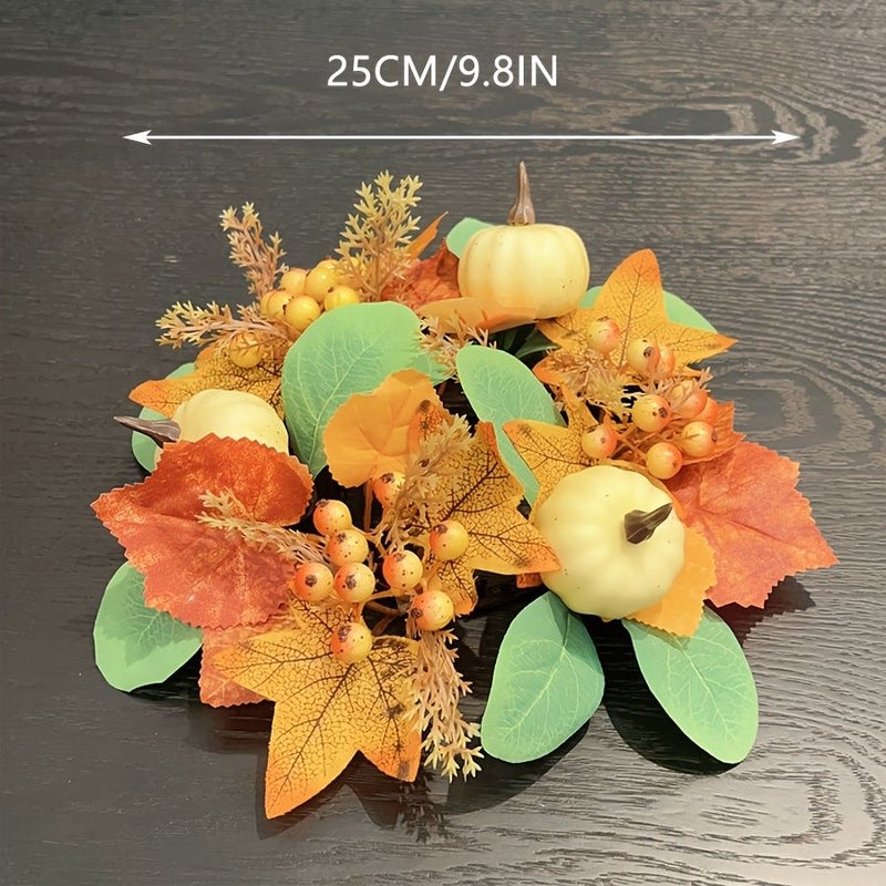 Artificial White Pumpkin Fall Wreath With Realistic Candle LED Centerpiece For Halloween Thanksgiving Tabletop Decor - Image 2
