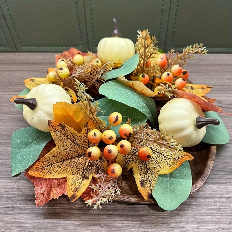 Artificial White Pumpkin Fall Wreath With Realistic Candle LED Centerpiece For Halloween Thanksgiving Tabletop Decor - Image 4