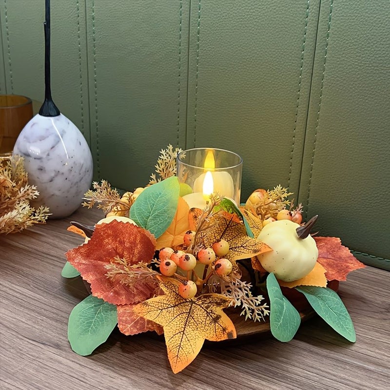 Artificial White Pumpkin Fall Wreath With Realistic Candle LED Centerpiece For Halloween Thanksgiving Tabletop Decor - Image 5