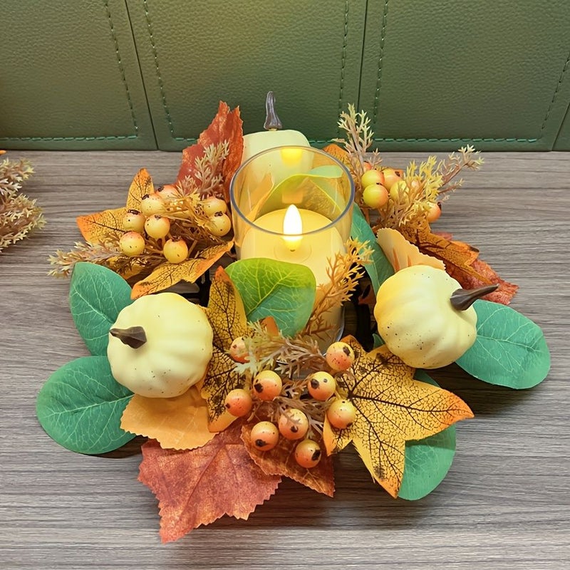 Artificial White Pumpkin Fall Wreath With Realistic Candle LED Centerpiece For Halloween Thanksgiving Tabletop Decor - Image 1