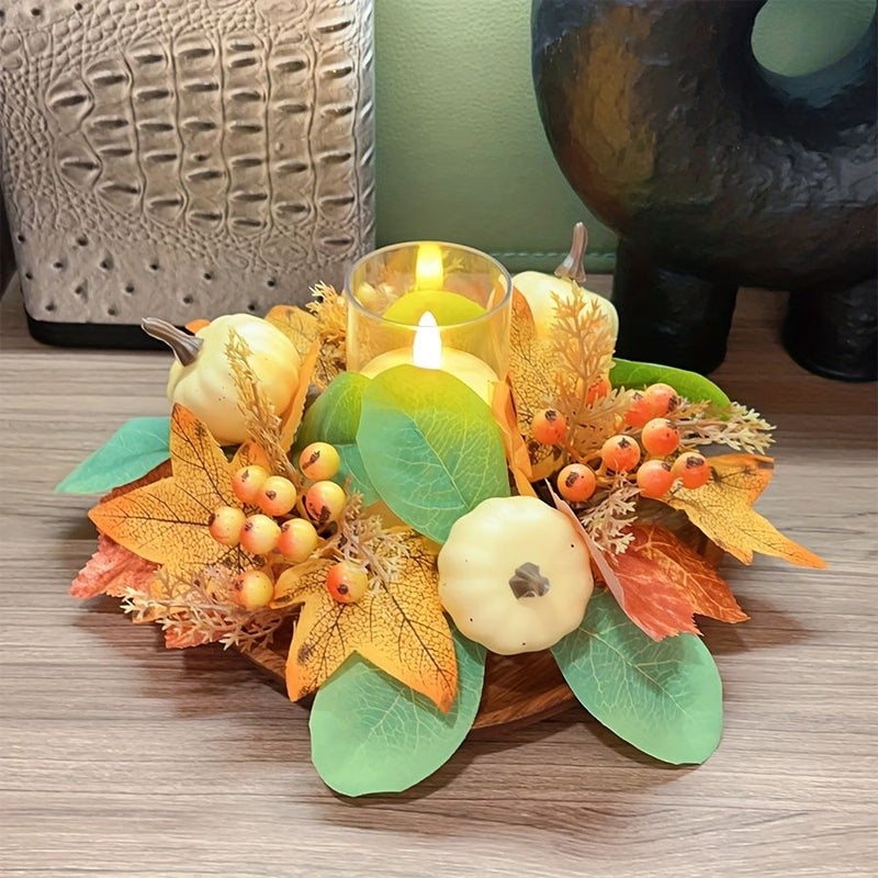 Artificial White Pumpkin Fall Wreath With Realistic Candle LED Centerpiece For Halloween Thanksgiving Tabletop Decor - Image 3