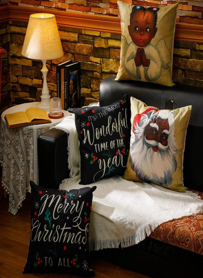 جيتك غطاء وسادة مزخرف من Jetec مكون من 4 قطع بتصميم عيد ميلاد سعيد، سانتا كلوز باللون الأسود، مقاس 18 × 18 بوصة، غطاء وسادة مزخرف بتصميم عطلة أمريكية أفريقية، غطاء وسادة للأريكة الداخلية وديكور عيد الميلاد - Image 3