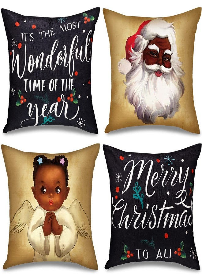 جيتك غطاء وسادة مزخرف من Jetec مكون من 4 قطع بتصميم عيد ميلاد سعيد، سانتا كلوز باللون الأسود، مقاس 18 × 18 بوصة، غطاء وسادة مزخرف بتصميم عطلة أمريكية أفريقية، غطاء وسادة للأريكة الداخلية وديكور عيد الميلاد - Image 1