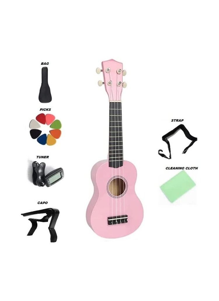 Megarya Aiersi Branded Basswood Body Pink Color Soprano Beginner Ukulele With Bag, Capo, Strap, Picks, Tuner, Cleaning Cloth  - Image 1