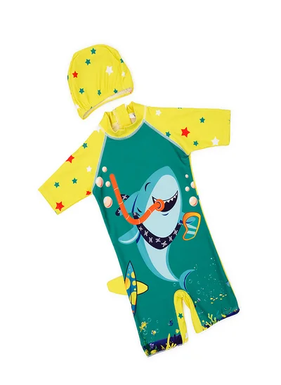 babyqlo Shark-Themed Swimwear Set with Cap for Boys