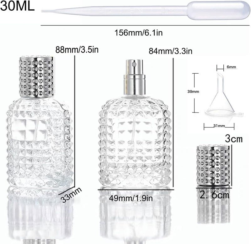 SWIUKPHE 2 Pack Travel Perfume Glass Spray Bottles, 30ml & 50ml Pineapple Design Refillable Atomizers, Square Grid Clear Portable Empty Perfume Bottles with 4 Pcs Refill Tools - Image 2