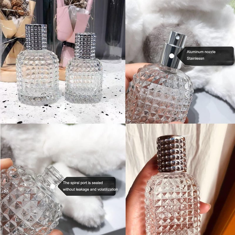 SWIUKPHE 2 Pack Travel Perfume Glass Spray Bottles, 30ml & 50ml Pineapple Design Refillable Atomizers, Square Grid Clear Portable Empty Perfume Bottles with 4 Pcs Refill Tools - Image 5