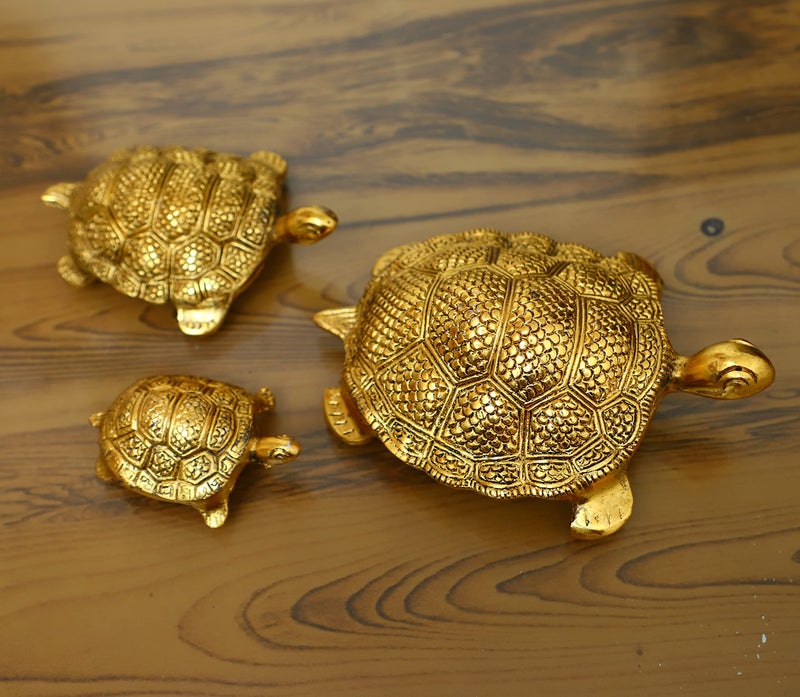 CHHARIYA CRAFTS Metal Feng Shui Set of 3 Tortoise Family for Good Luck Vastu Decorative Showpiece - 12.5 cm (Metal, Gold) - Image 2