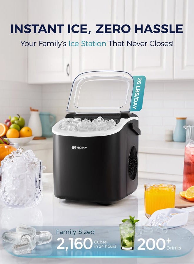 EUHOMY Countertop Ice Maker Machine with Handle, 26lbs in 24Hrs, 9 Ice Cubes Ready in 6 Mins, Auto-Cleaning Portable Ice Maker with Basket and Scoop, for Home/Kitchen/Camping/RV. (Black) - Image 2