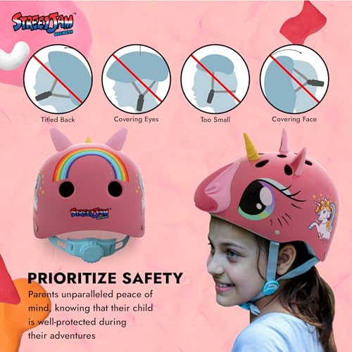 STREETJAM Magic Unicorn Open Face Helmet for Kids, Hard PP Outer Shell, EPS Inner Comfort Linner case, Adjustable Strap & Adjuster Dial, Unisex Helmet, Cycling (Pink, Small (5 - 8 Years)) - Image 4