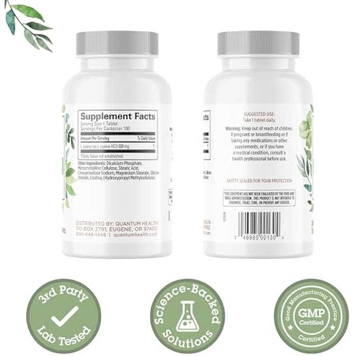 Quantum Health L-Lysine 500mg Essential Amino Acid Supplement - Supports Collagen & Protein Synthesis, Bone Health, Muscle Recovery and Immune Health - Vegan Friendly - 100 Tablets - Image 2