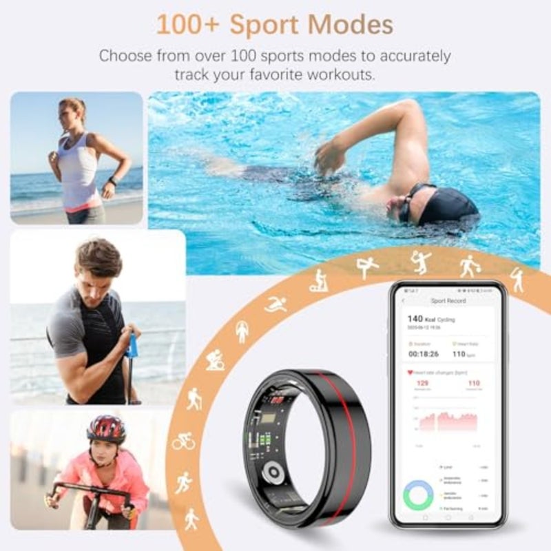 Health tracker ring for daily wellness monitoring, titanium alloy, black, waterproof with heart rate, blood oxygen, HRV, stress and sleep tracking, step counter, no subscription required, size 11 - Image 4