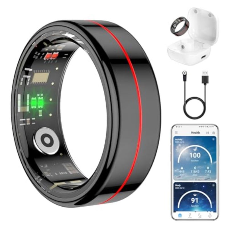 Health tracker ring for daily wellness monitoring, titanium alloy, black, waterproof with heart rate, blood oxygen, HRV, stress and sleep tracking, step counter, no subscription required, size 11 - Image 1